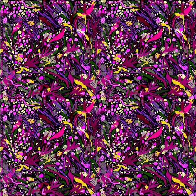 Vector seamless abstract floral pattern. Colorful foliage on black background.