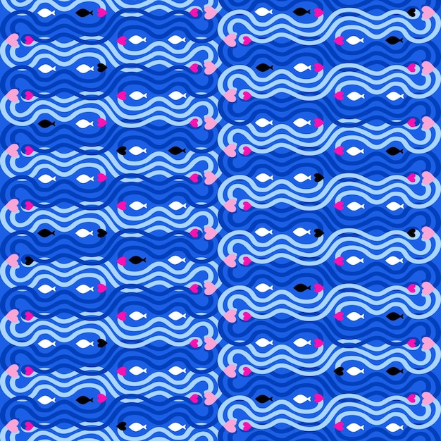 파란색 배경에 파도, 하트, 물고기가 있는 벡터 매끄러운 추상 패턴입니다.
