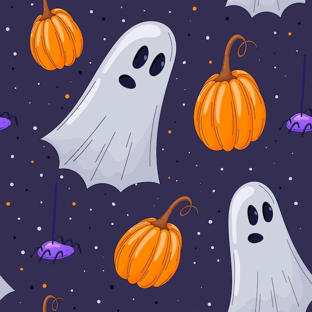 Modello di halloween autunnale senza cuciture vettore cartoon carino zucca fantasma e ragno sul web