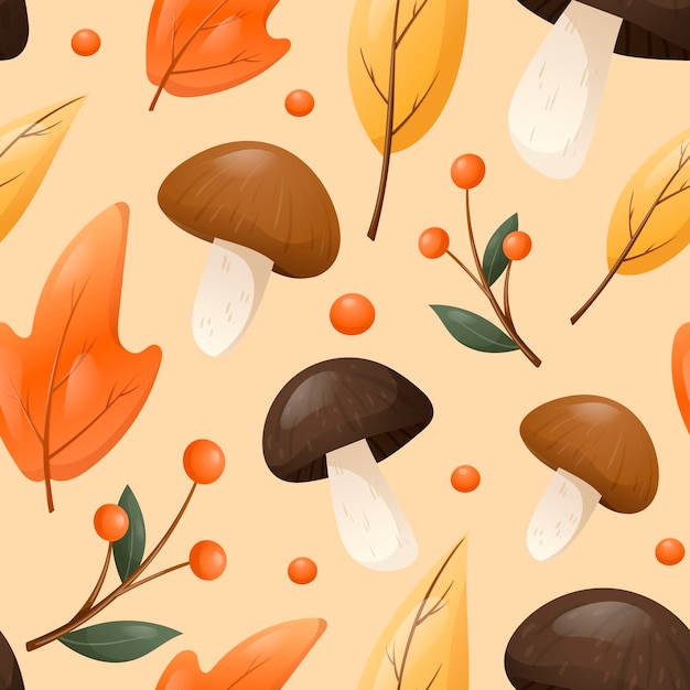 Vector seamless autumn patter in warm colors. edible forest mushrooms and berries on twigs, a ripe apple and dry fallen leaves.