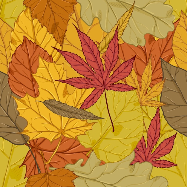 乾燥した葉と山のベクトルのシームレスな秋のパターン