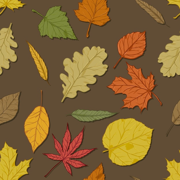 Vector seamless autumn pattern with leaves on brown background