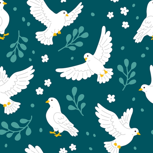 Vector vector seamless background pattern with white doves and flowers for surface pattern design