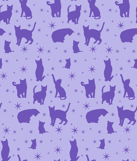 Vector seamless background silhouette of the cat and the stars