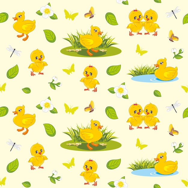 Vector seamless background with ducklings and chickens