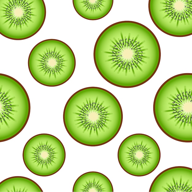 Vector seamless background with green kiwi slices on white.