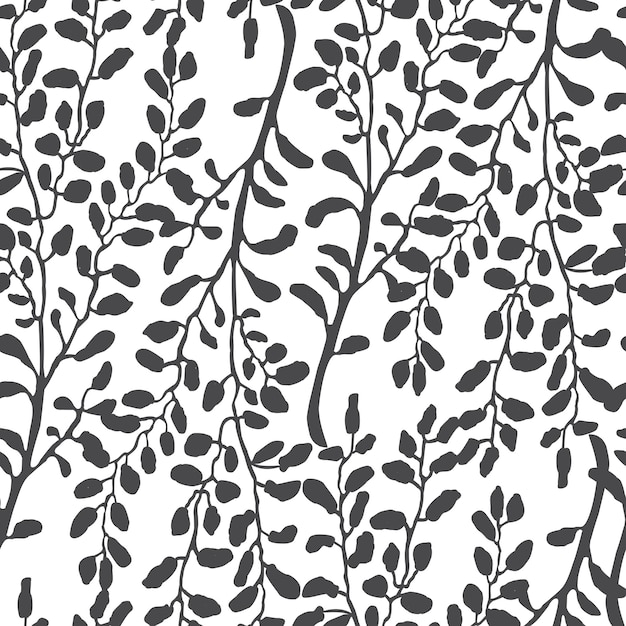 Vector seamless background with hand drawn illustration of herbs or plants black on white field