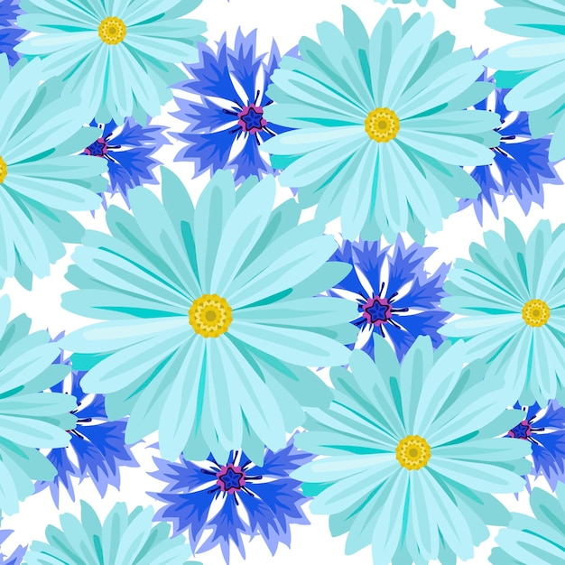 Vector seamless background with light blue daisies and blue lilac cornflowers and green leaves