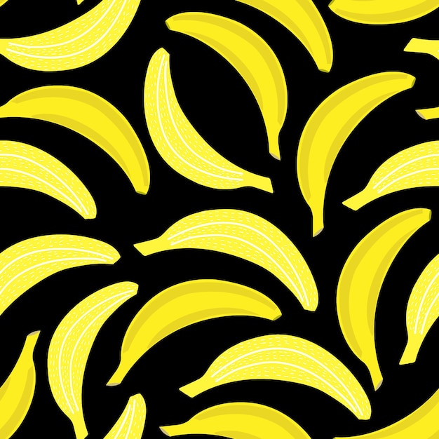 벡터 원활한 바나나 패턴입니다. 평평한 만화 스타일로 익은 맛있는 바나나를 손으로 그립니다. 포장, 직물, 디지털 종이를 위한 세련된 인쇄물. 천연 건강식이 제품