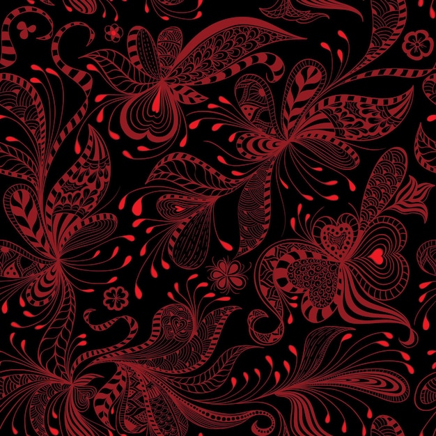 Vector seamless black and red floral pattern