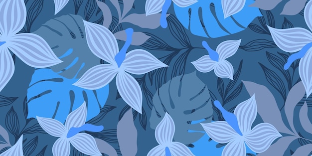 Bandiera blu senza giunte vettoriale con fiori grigi e foglie tropicali colorate