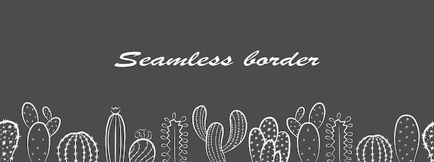 Vector vector seamless border banner template with cactus desert succulent plant outline sketch drawing simple flat doodle illustration horizontal web background or landing page design