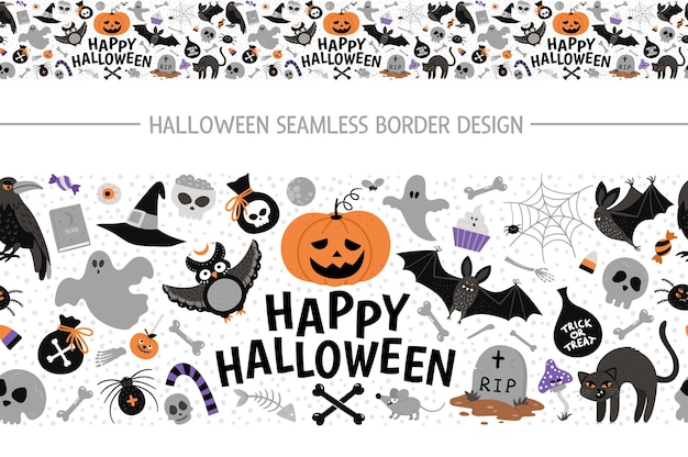 Vector seamless border brush with Halloween elements. Traditional Samhain party horizontal background. Scary pattern with jack-o-lantern, spider, ghost, skull, bats, witch, vampire.