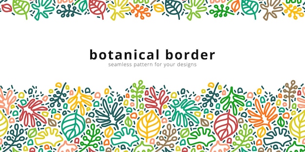 Vector seamless border pattern with botanical elements Floral linear modern background Horizontal card template with copy space