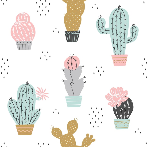 Vector seamless cactuses pattern with dots chia on white background