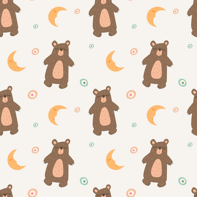 Vector vector seamless children pattern in the scandinavian style cute sleepy doodle animal toy bear and moon or crescent