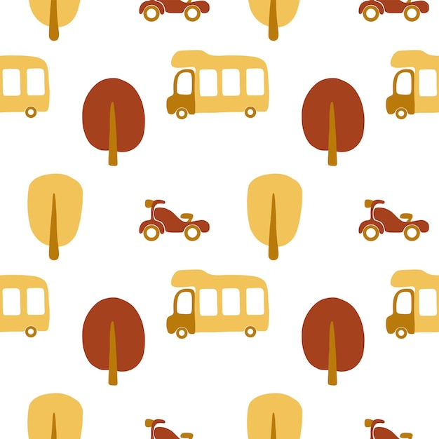 Vector seamless children pattern with camper motorbike trees in yellow, red, brown colors