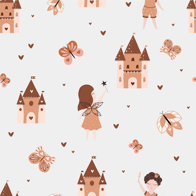 Vector seamless childrens pattern with fairy flowers stars castle butterflies Fairy with a mag