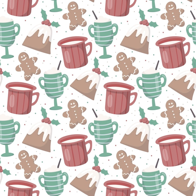 Vector vector seamless christmas pattern. cozy warm atmosphere. cups and mugs with warm drinks like tea, coffee or cocoa. delicious holly muffins and gingerbread. decoration for background or wrapping paper.