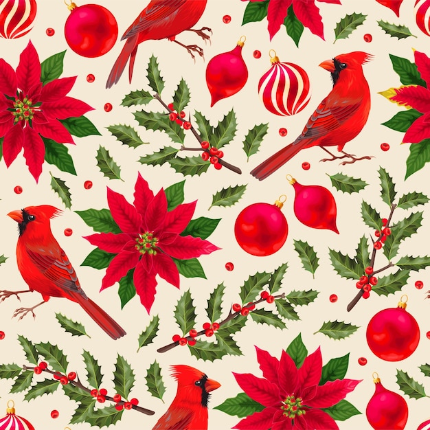 Vector seamless christmas pattern with northern cardinals and holly on beige background