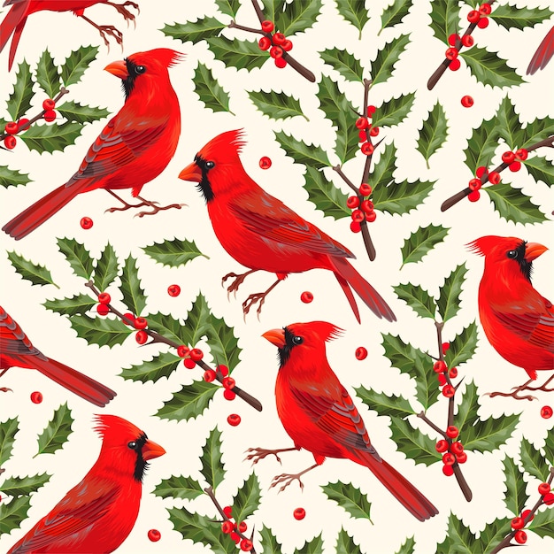 Vector vector seamless christmas pattern with northern cardinals and holly