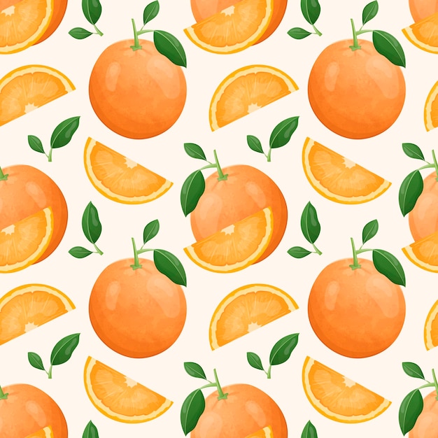ベクトルのシームレスな柑橘系の果物のパターン。緑の葉と明るいオレンジの半分とスライス。甘くてヘルシーなナチュラルフードデザート。