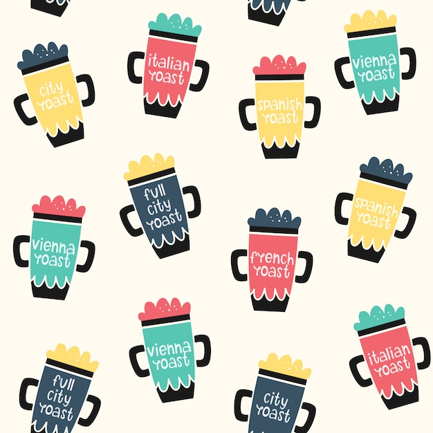 Vector seamless coffee pattern. Objects and degree of roasting.