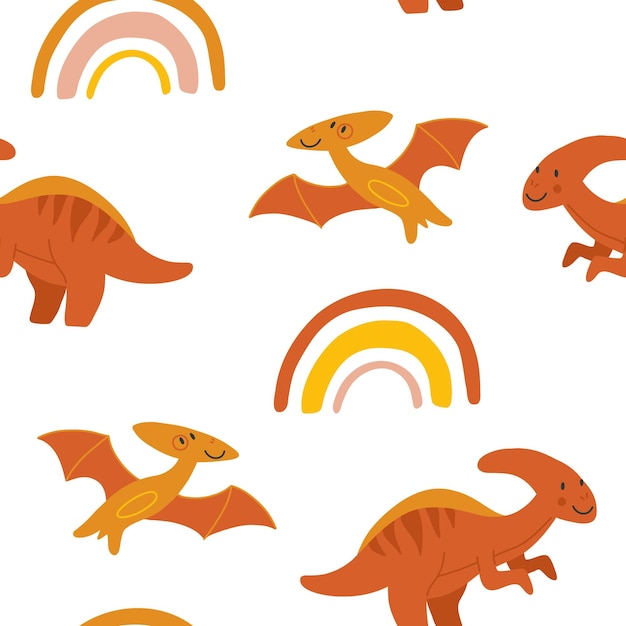 Vector seamless color repeating pattern with dinosaurs in Scandinavian style Childish seamless pattern with handdrawn dinosaurs Vector illustration of dinosaurs Vector stock illustration