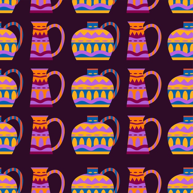 Vector seamless colorful pattern with vases pots on a dark background