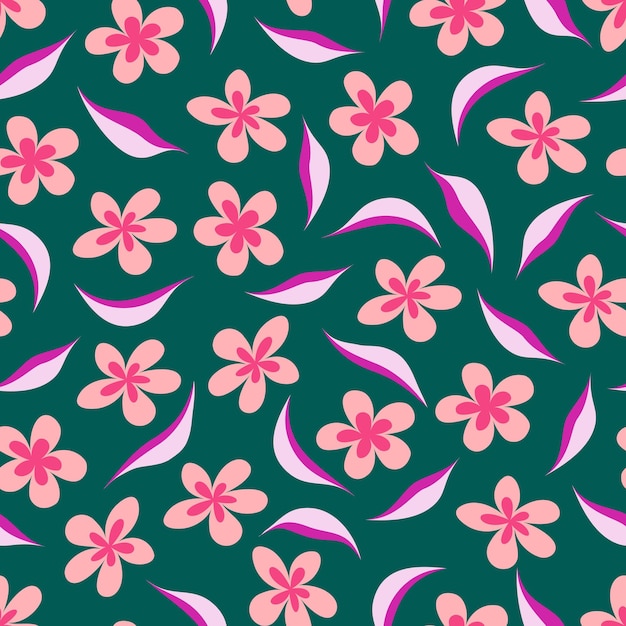 Vector vector seamless floral pattern pink flowers and leaves on an emerald dark green background luxury template for website design product design packaging textiles etc