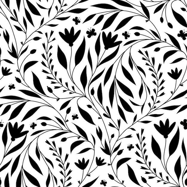 Vector seamless floral pattern with flowers and butterflies on a white background black and white