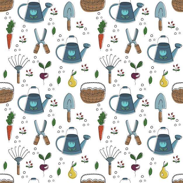 Vector seamless gardening pattern with watering can, basket, tools and vegetables in cartoon hand-drawn style.