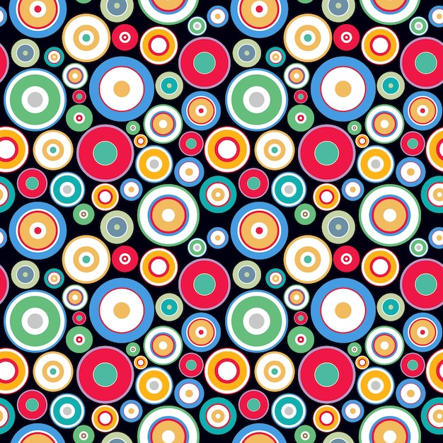 Vector seamless geometric pattern with colorful dots and circles on black background Modern print