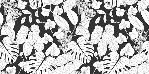 VECTOR SEAMLESS GRAY BANNER WITH WHITE BLOOMING ORCHIDS AND TROPICAL PLANTS