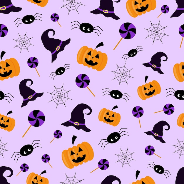 Vector seamless Halloween pattern with pumpkins witch hats cobwebs spiders and candies on a purpl