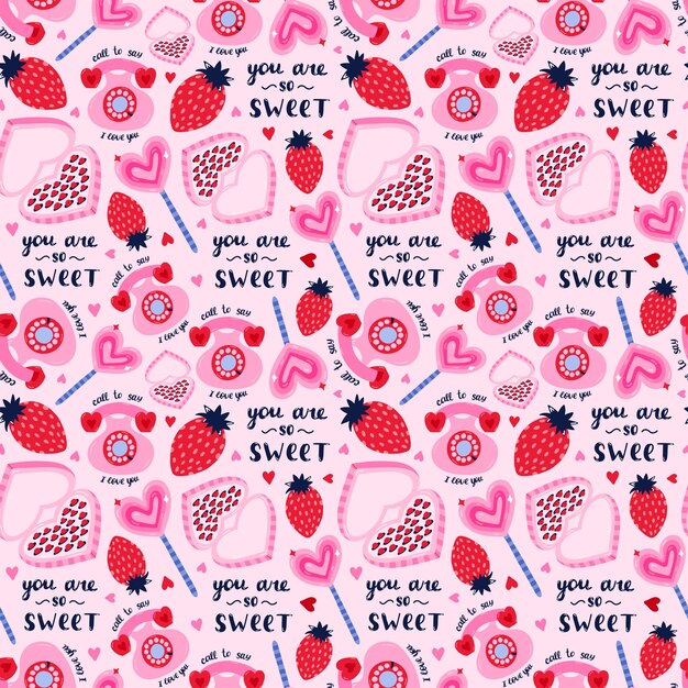 Vector seamless hand drawn pattern with strawberry lollipop strawberry lettering heart shaped box of chocolates Valentine39s day illustrations For wrapping paper bedclothes notebook packages