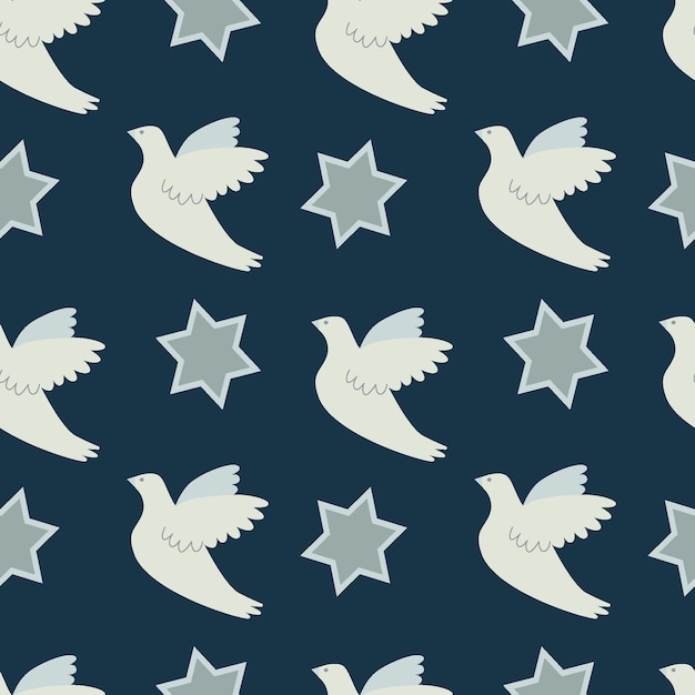 Vector seamless Hanukkah pattern Dove and Star of David on a dark blue background