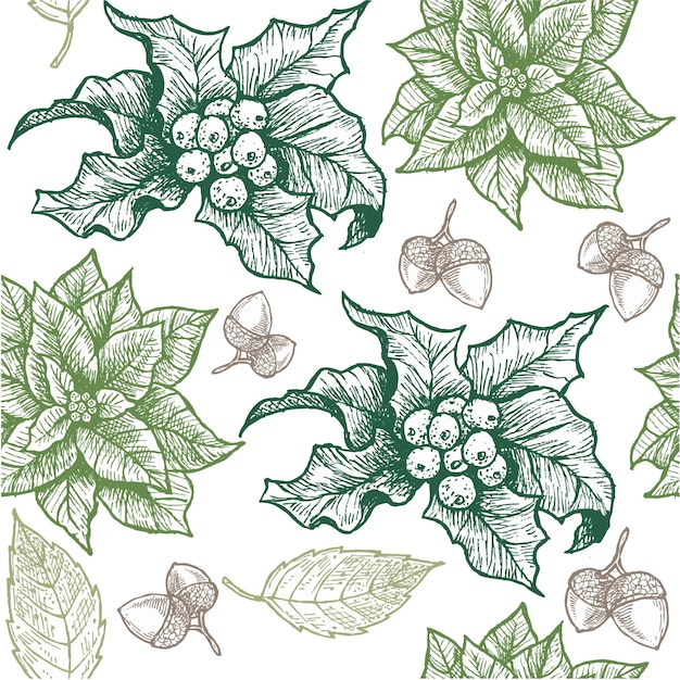 Vector vector seamless happy winter pattern with best leaves and berries for cards and more