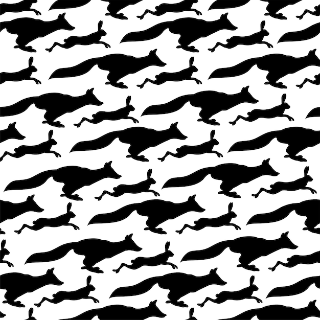 여우와 산토끼가 서로 뒤쫓는 벡터 매끄러운 흑백 동물주의 패턴입니다.