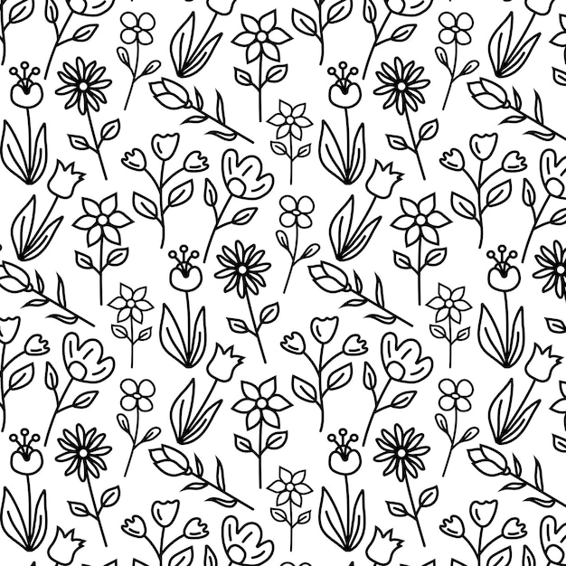 Vector vector seamless monochrome floral pattern. hand drawn floral texture, decorative flowers,