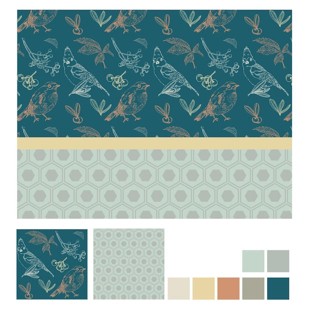 Vector seamless nature patternVintage bird and leaf on dark blue background