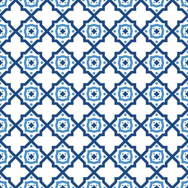 Vector seamless ornamental geometric pattern blue and white tile texture Vector repeat background