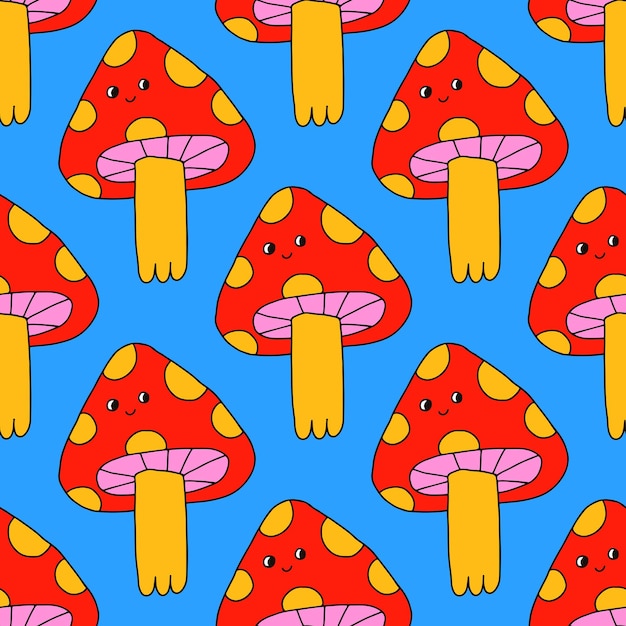 Vector seamless pattern - 1970 hippie mushroom characters