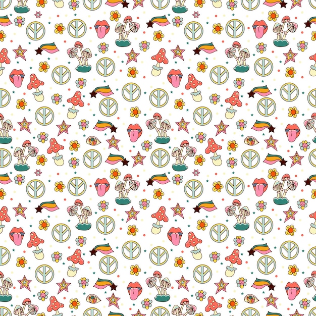 Vector seamless pattern in 70s style Hand drawn psychedelic hippies background