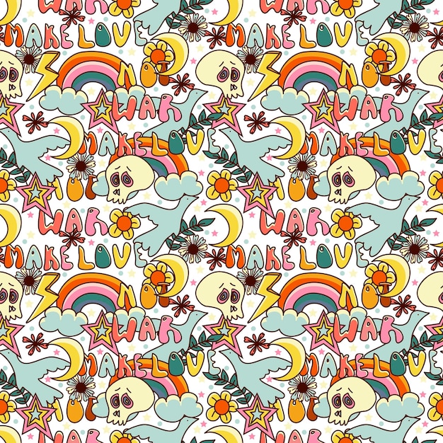 Vector seamless pattern in 70s style Hand drawn psychedelic hippies background