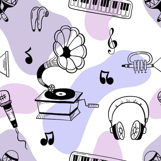 Vector vector seamless pattern about music grimophone piano and headphones in a cartoon handdrawn style