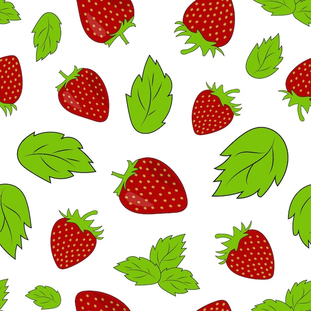 흰색 배경에 추상 손으로 그린 딸기의 벡터 원활한 패턴 딸기 낙서 스타일 신선한 과일 건강 식품