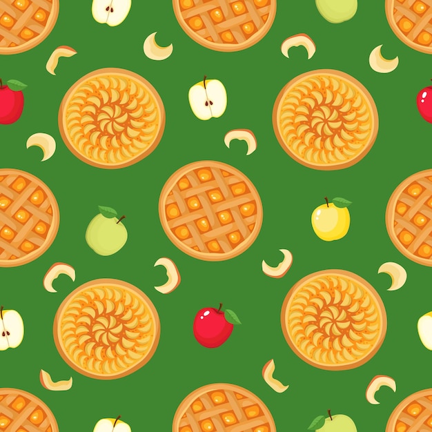 Vector seamless pattern of apple and apple pie isolated on green background. Autumn background used for magazine, book and textile.