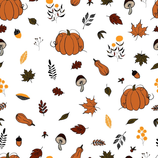 Vector seamless pattern autumn leaves and pumpkin autumn time background Autumn clip art hand painted isolated Halloween pumpkin for invitations greeting cards print banners