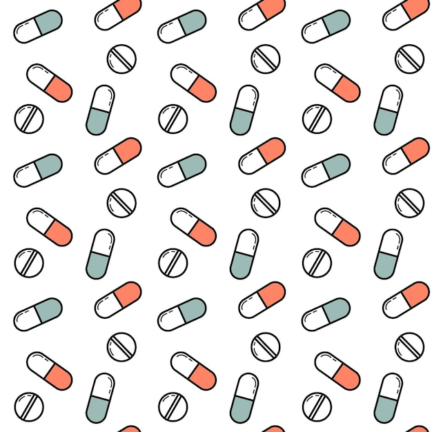 Vector vector seamless pattern background with pills and tablets transparent background